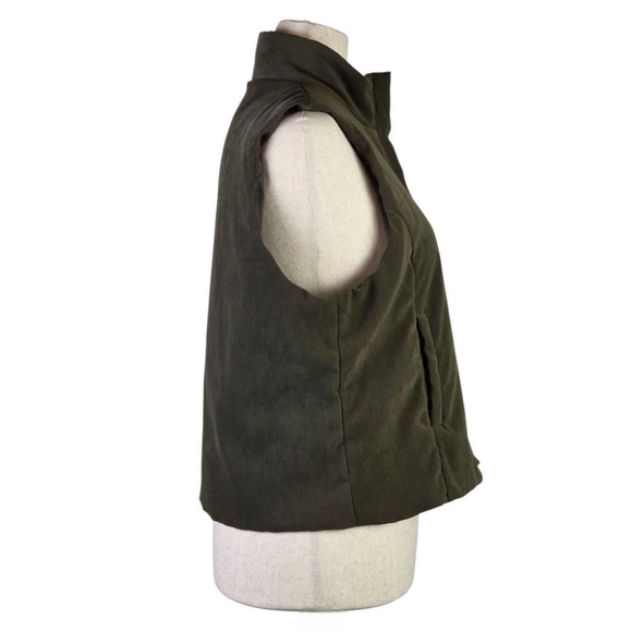 Erika Studio Vintage Olive Green Zip Vest Faux Suede Padded Sleeveless Jacket - Picture 3 of 7